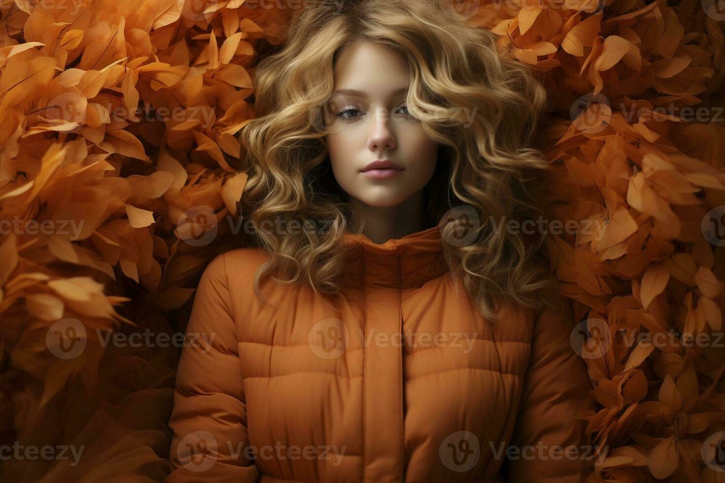 Top view at woman lying on the ground at autumn, created with generative AI photo