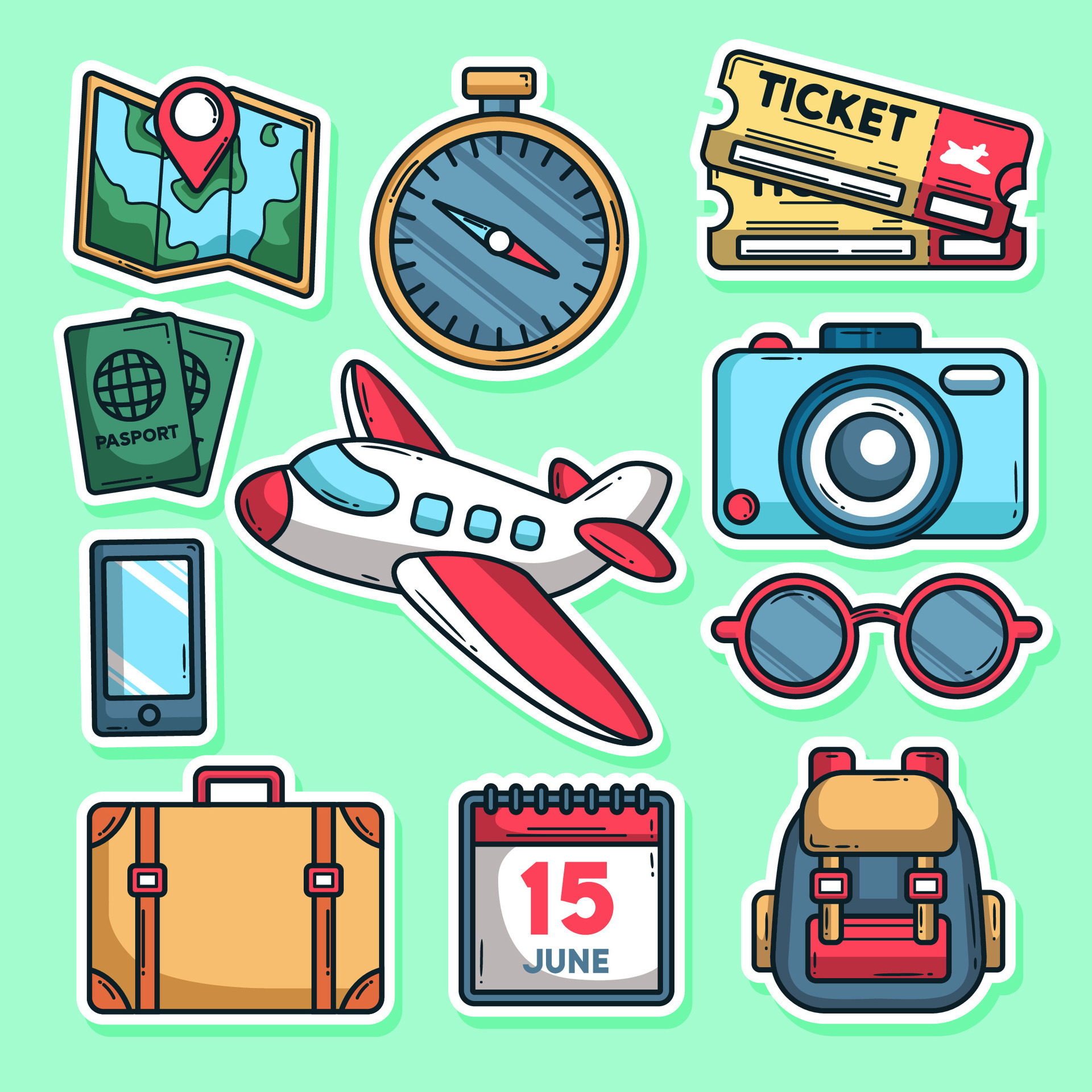 Set of cute collection Travel Icons stickers and patches. Holiday vector  illustration. Vector eps 10 28282922 Vector Art at Vecteezy