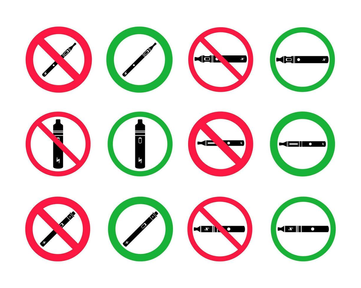 No vaping and vaping area signs. Red forbidden and green allowed circles signs icon set vector