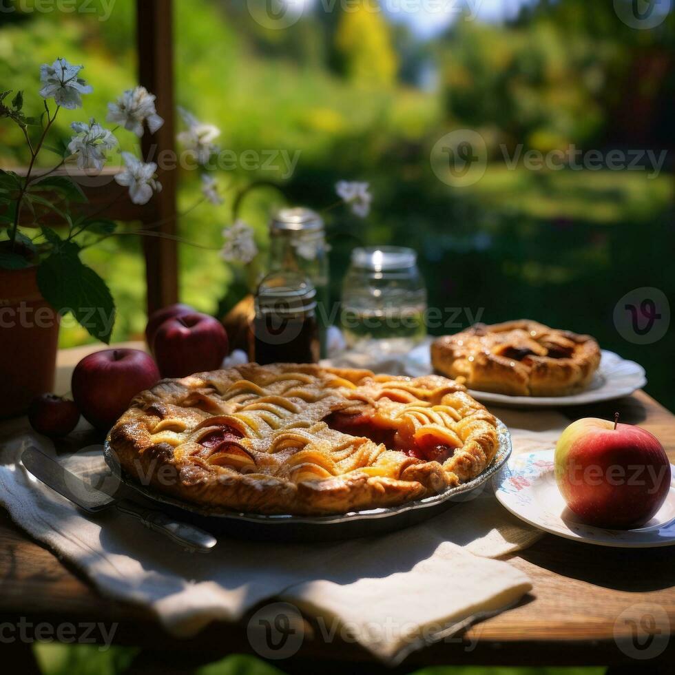 recién horneado manzana tarta en un rústico mesa. generativo ai foto