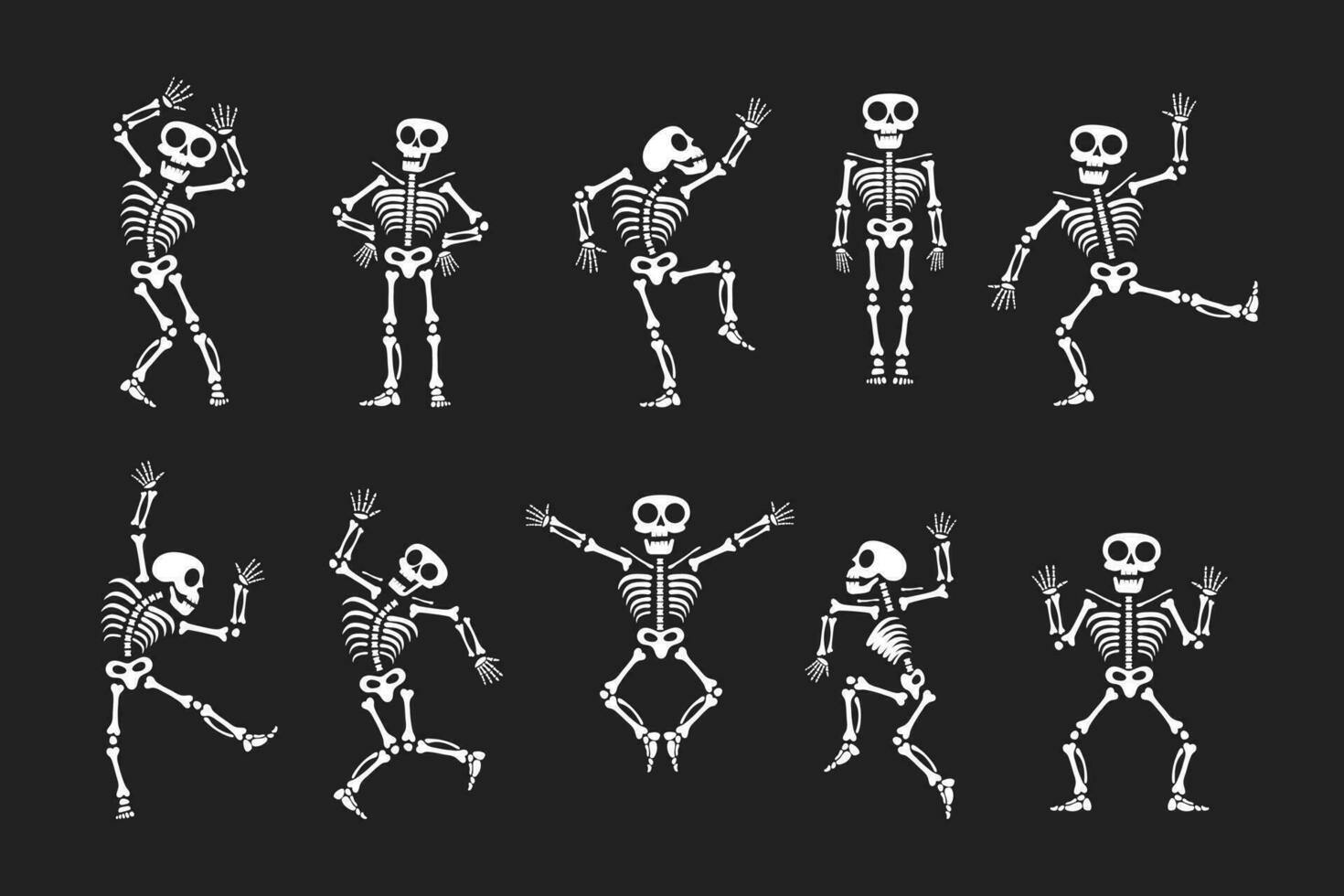 Skeletons dancing with different positions flat style design vector illustration set.