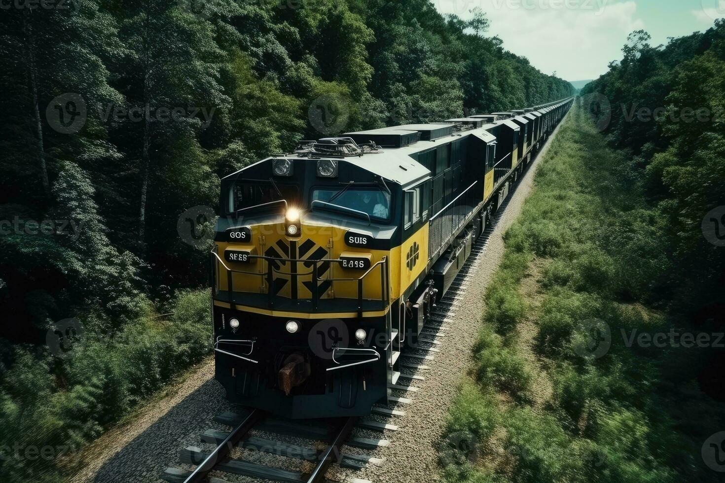 Suburban train travels through beautiful countryside. Generative AI photo