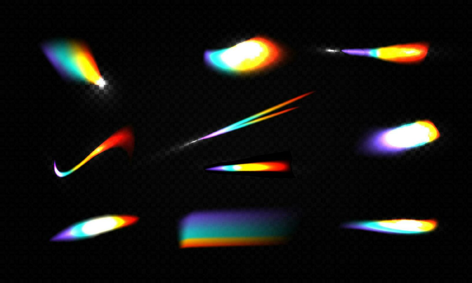 Crystal rainbow light leak flare reflection effect vector illustration set.