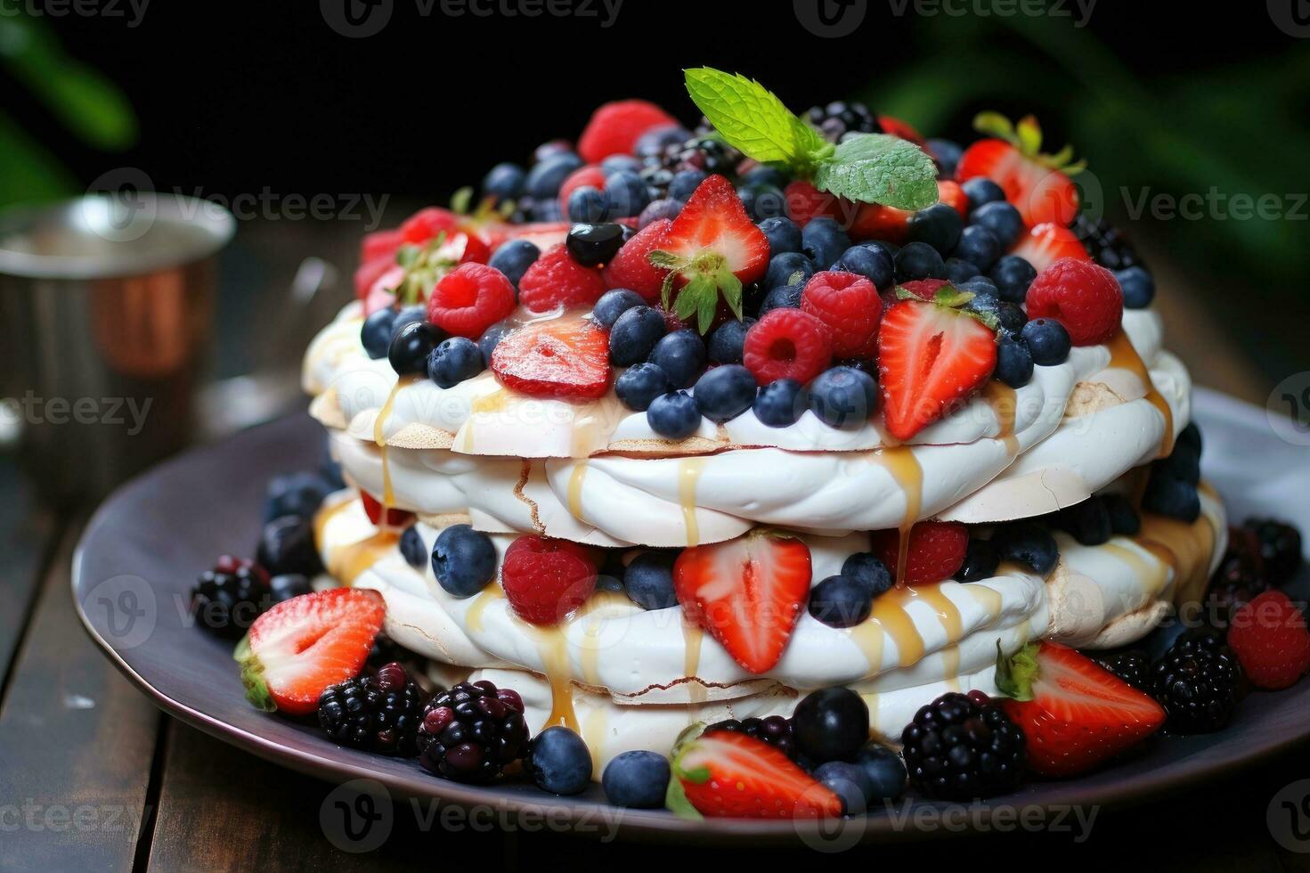 Pavlova cake topped with fruit. Generative AI photo