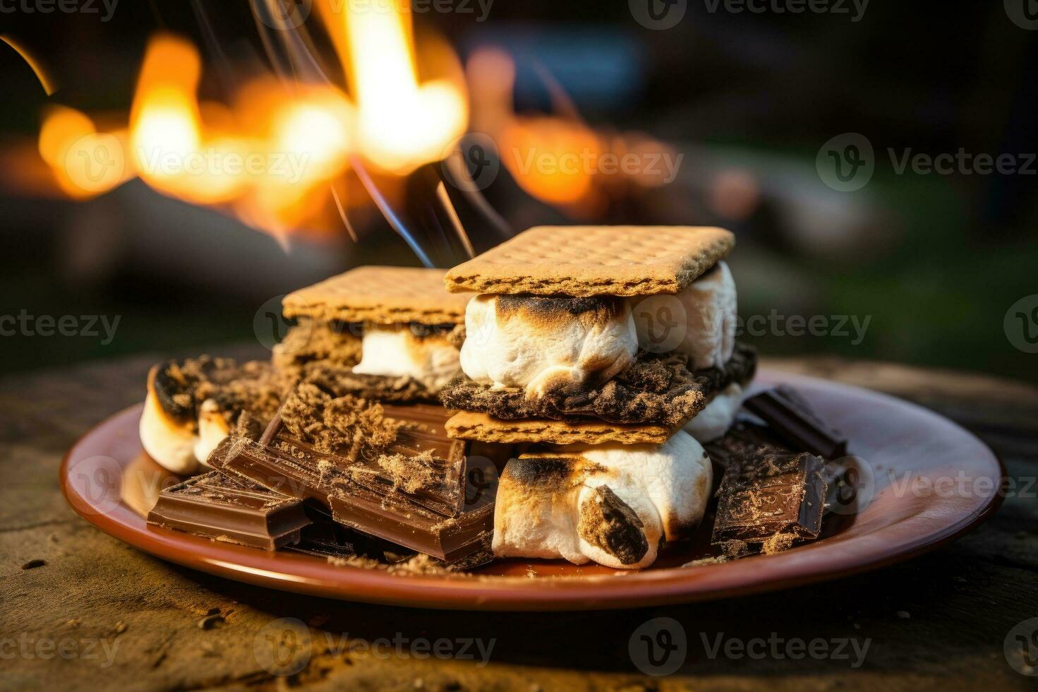 Homemade marshmallow s'mores with chocolate on crackers. Generative AI photo