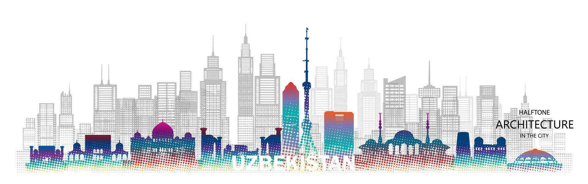 Travel landmark architecture silhouette in Uzbekistan with colorful halftone style. vector