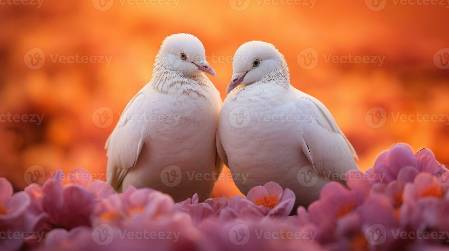 Couple of white pigeons sitting in pink flowers. Generative AI photo