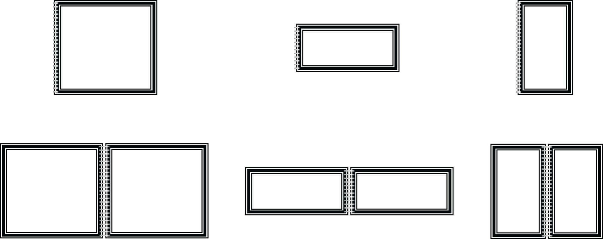 Illustration of empty closed and open notebook frames of various sizes and shapes, mockup isolated on white background. Copybook or template spiral organizer. vector