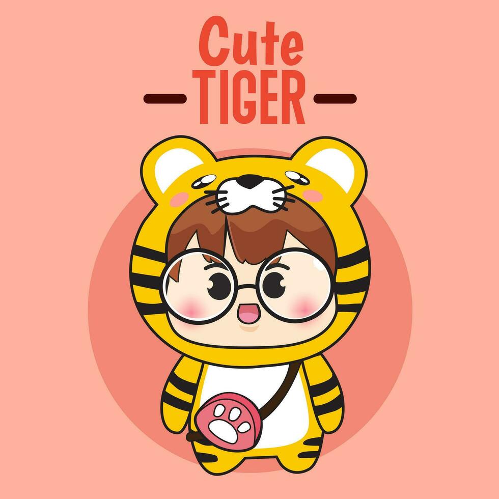 cute boy cartoon with a tiger costume using bag free Vector