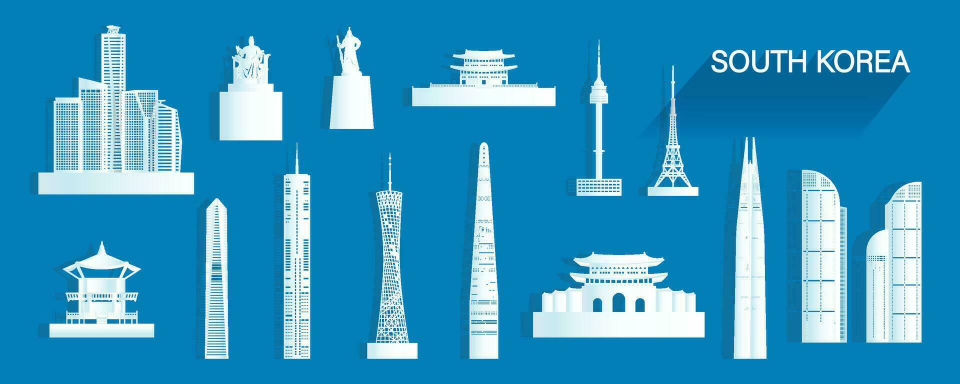 Travel landmarks South Korea with isolated silhouette architecture on blue background. vector