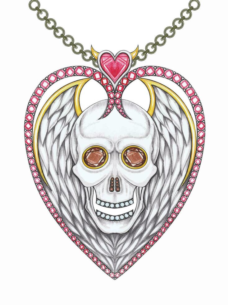 Jewelry design fancy wings heart skull pendant hand drawing and painting make graphic vector. vector