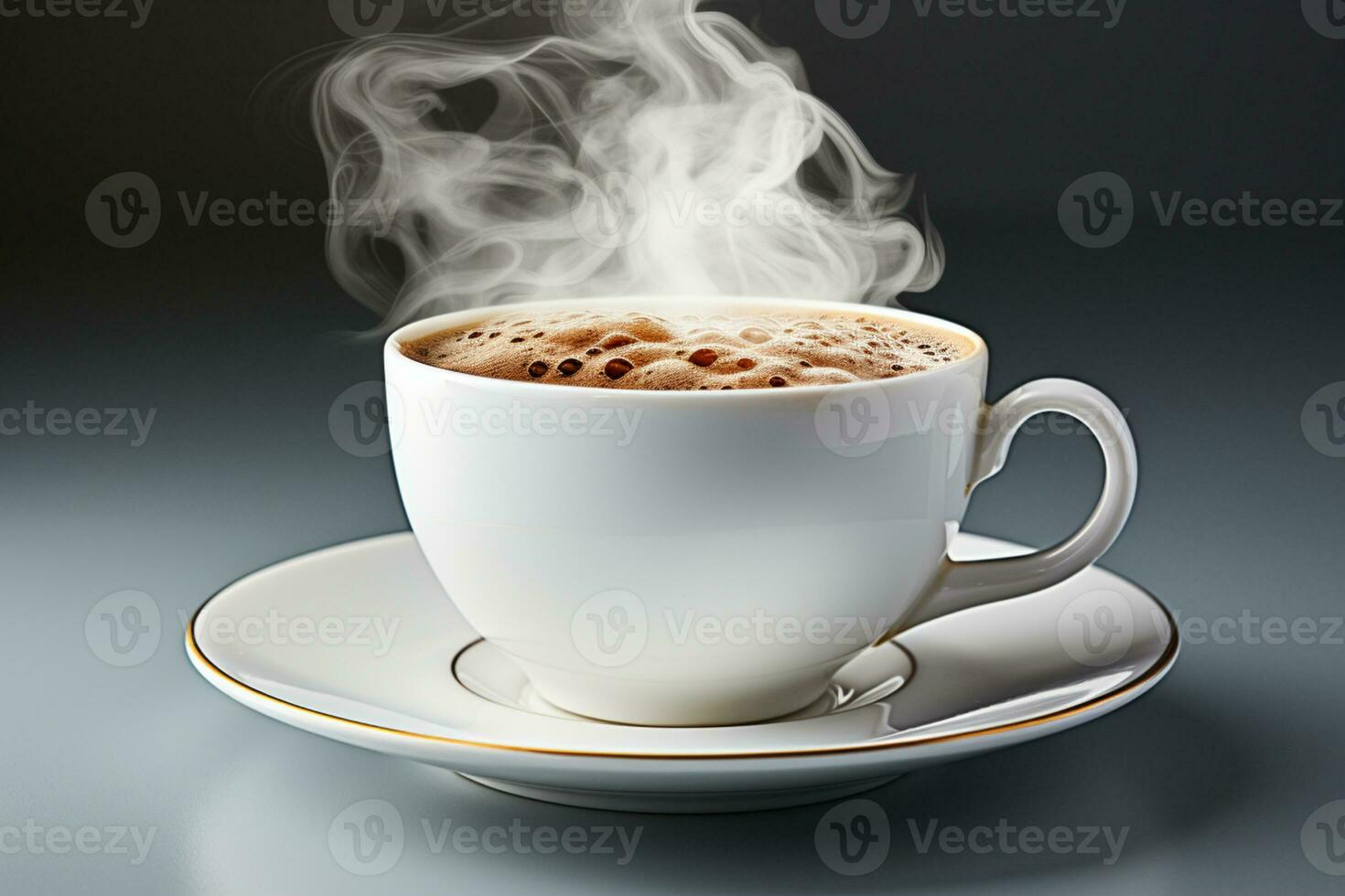 Classic white cup, saucer with steaming coffee AI Generated photo