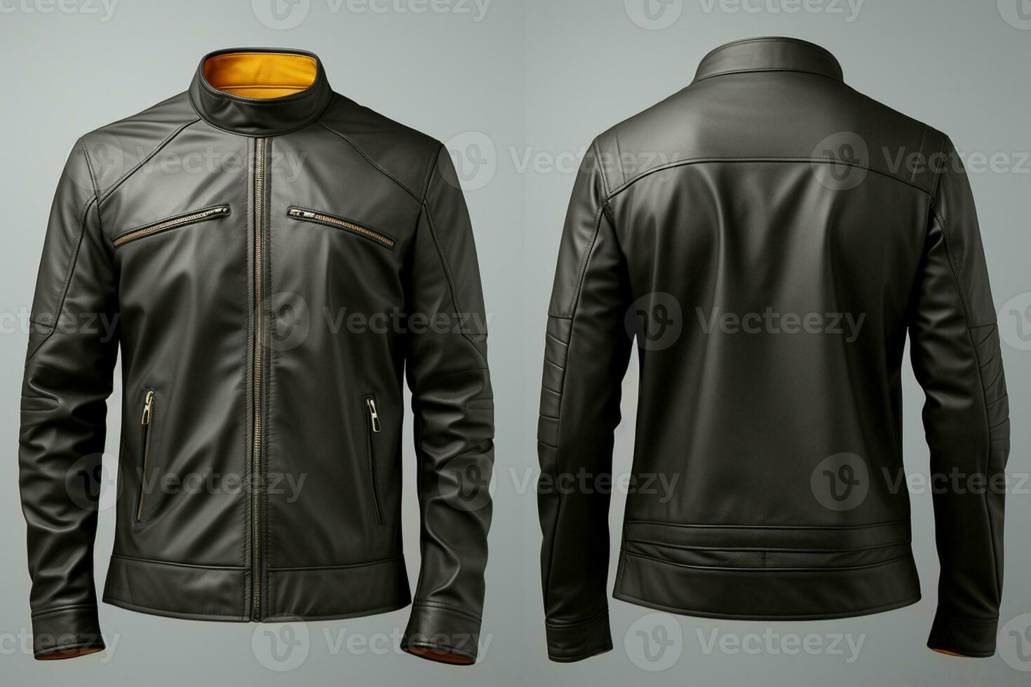 Blank leather jacket mock up, front, and back view, isolated on grey Asian male model wear plain black long sleeved leather jacket mockup AI Generated photo