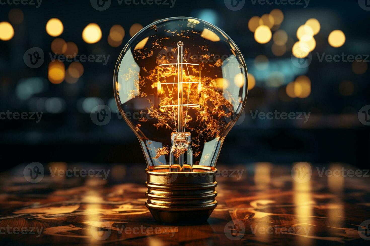 Vintage light bulb, teamwork puzzle - idea, wooden background AI Generated photo