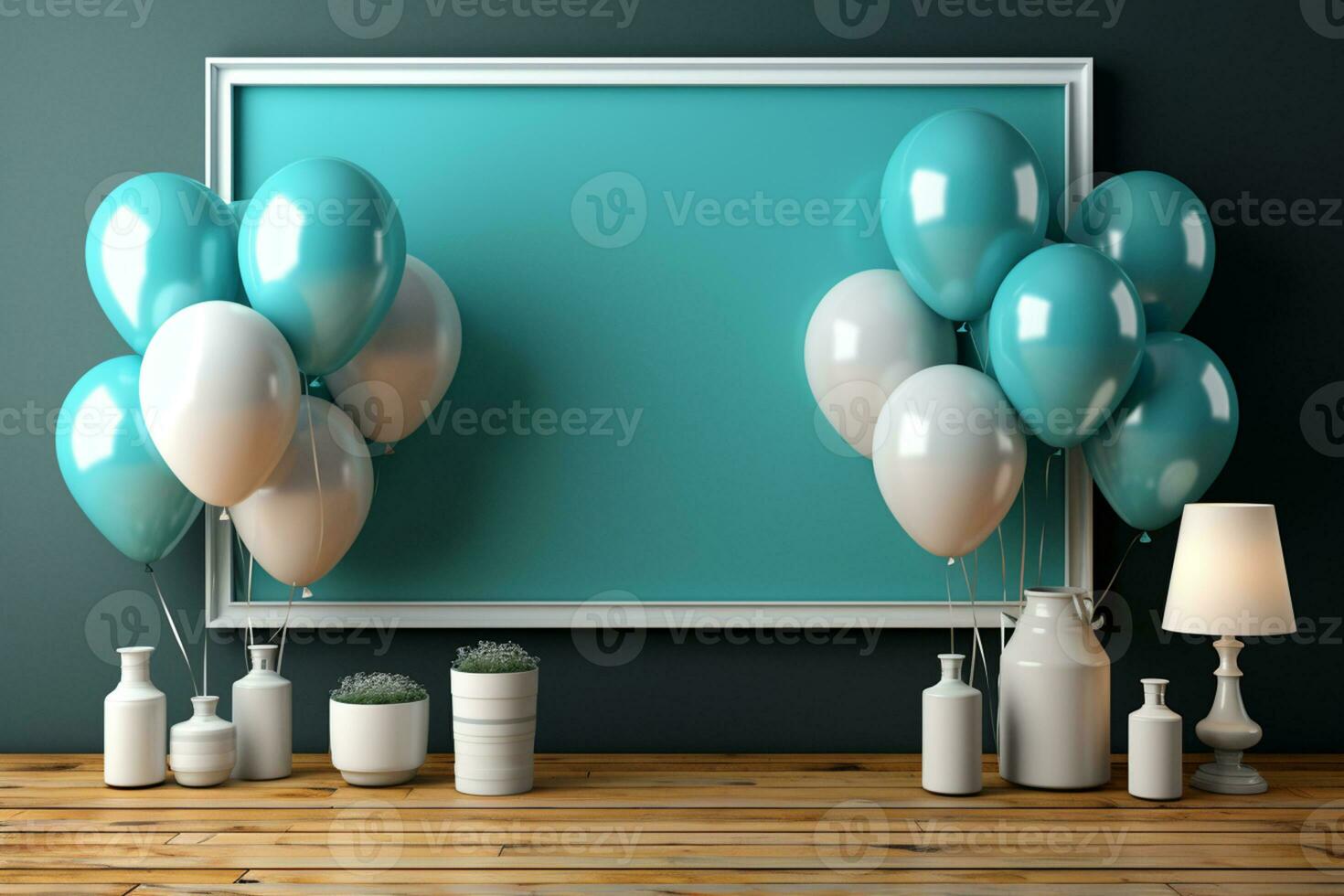 Party preparation, colorful balloons, white frame, blue wooden table AI Generated photo