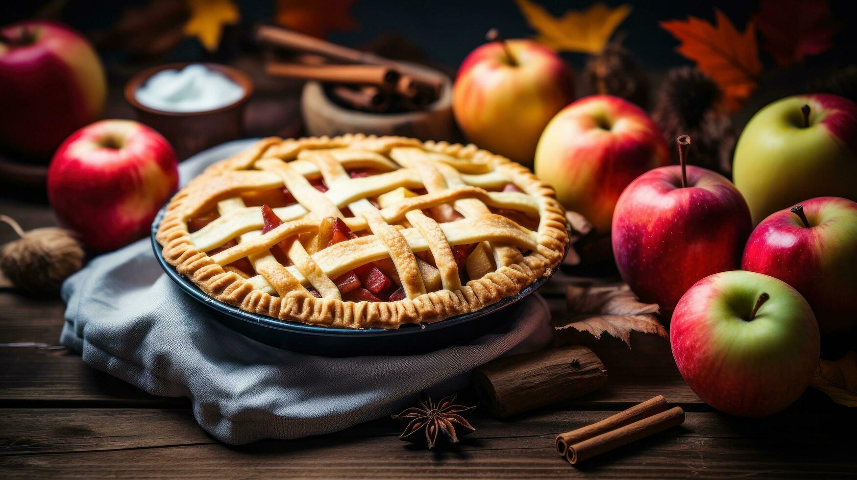 Autumn background with apple pie photo