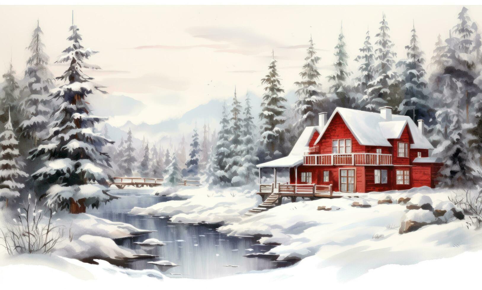 A watercolor illustration of a red farm house and pine trees photo