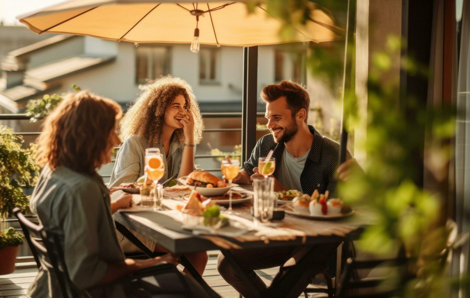 Friends having a dinner outdoors photo