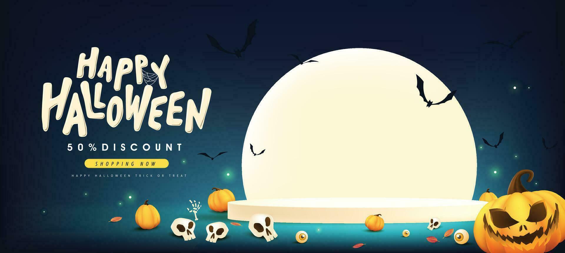 Happy Halloween sale banner moon night scene with product display and copy space vector