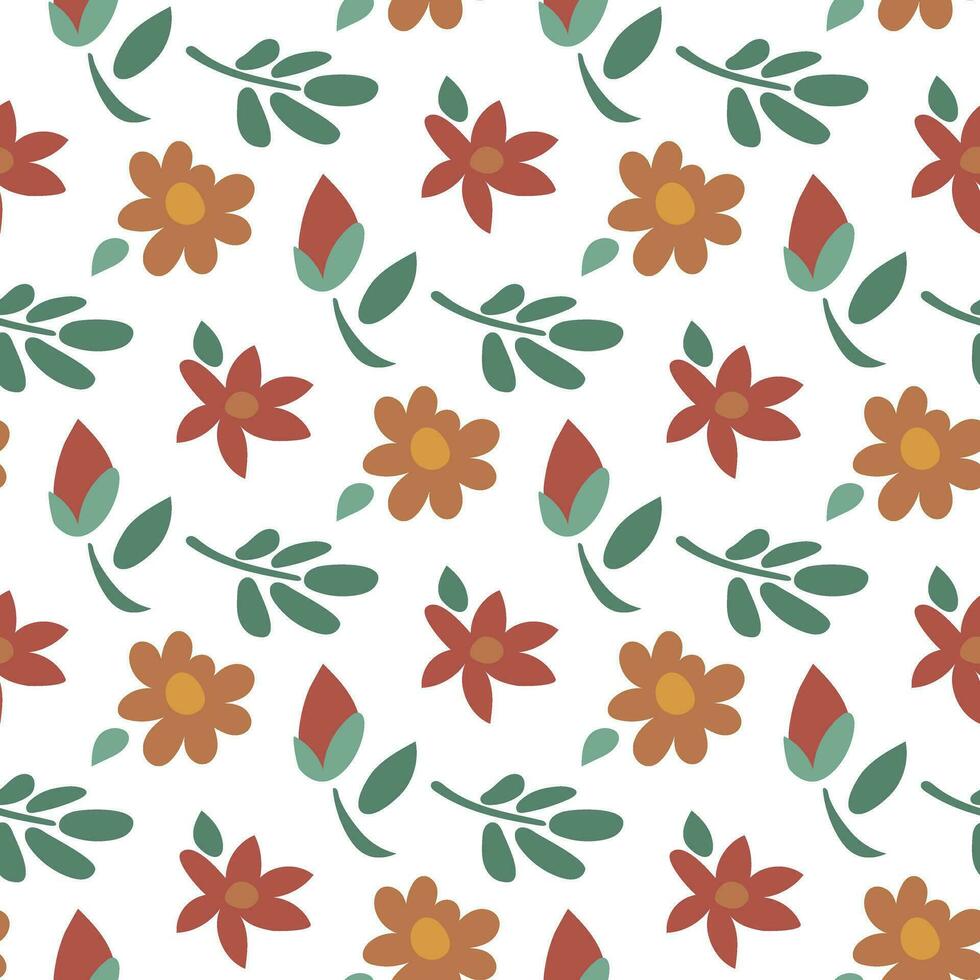 A pattern of flowers, leaves on a white background. Floral seamless pattern, cartoon vector illustration. Children's texture for printing on fabric, paper. Gift wrapping for the holiday