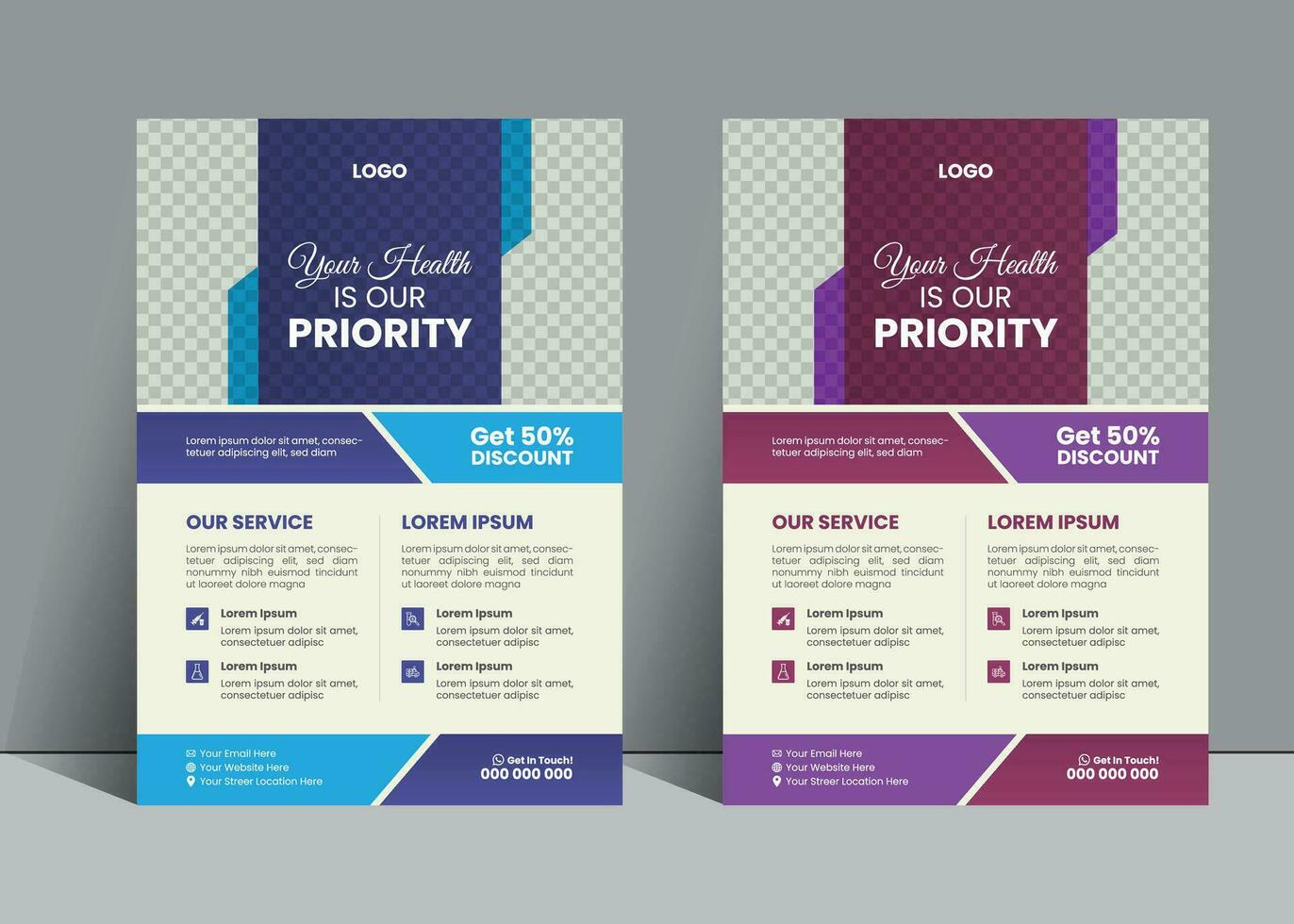 Medical flyer or poster design layout. modern style use for promotion and product publication, professional medical healthcare leaflet design with dentist poster. 2 color variation vector