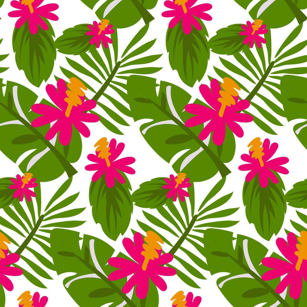 un modelo de multicolor tropical hojas con rosado hibisco. sin costura hibisco Hawai patrón, de moda antecedentes. impresión en textiles y papel. tropical textura vector