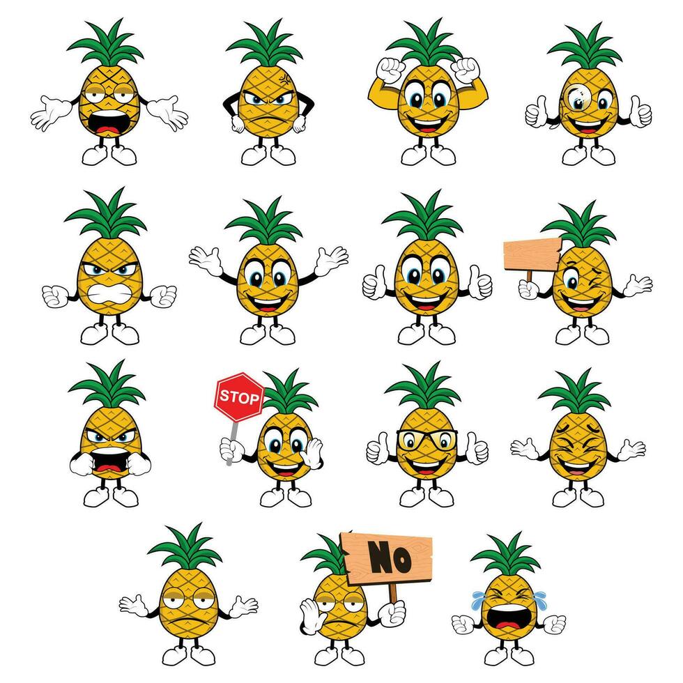 Pineapple mascot with different emotions set in cartoon style vector