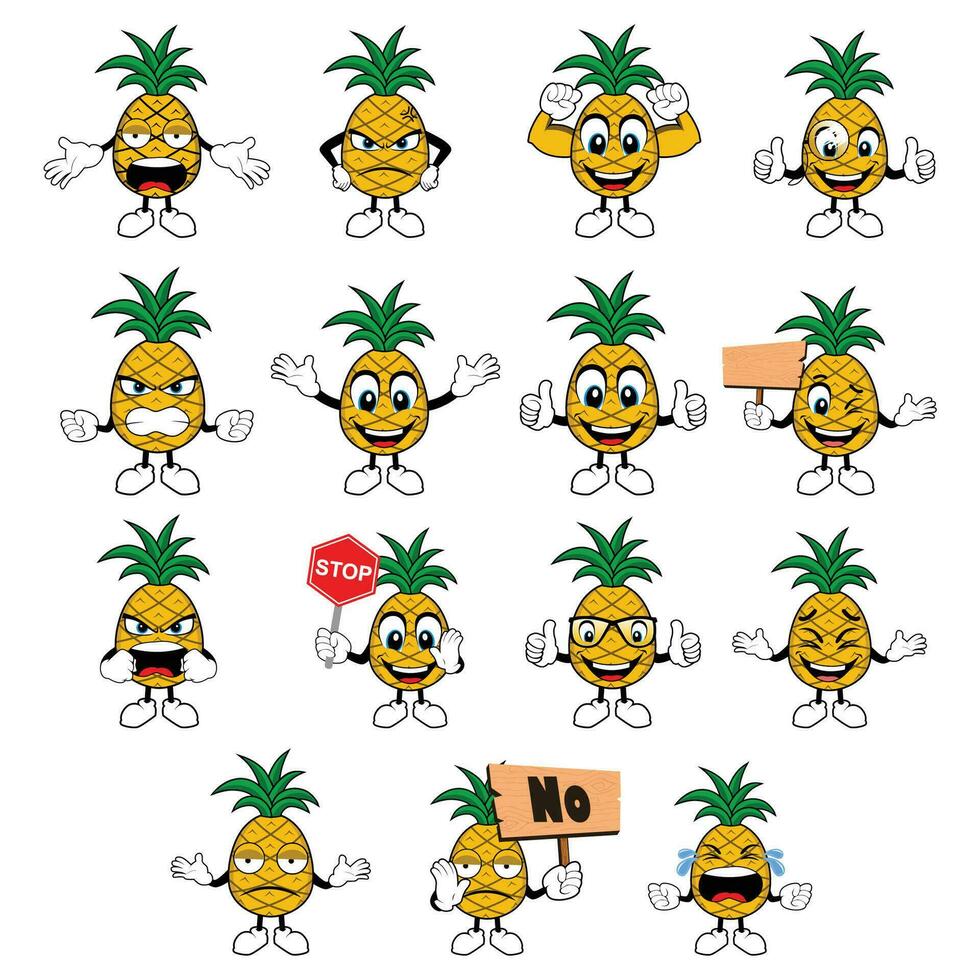 piña mascota con diferente emociones conjunto en dibujos animados estilo vector