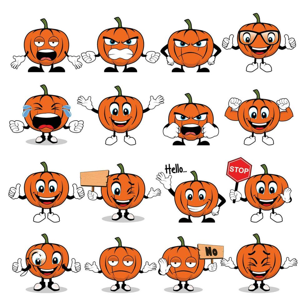 Pumpkin mascot with different emotions set in cartoon style vector