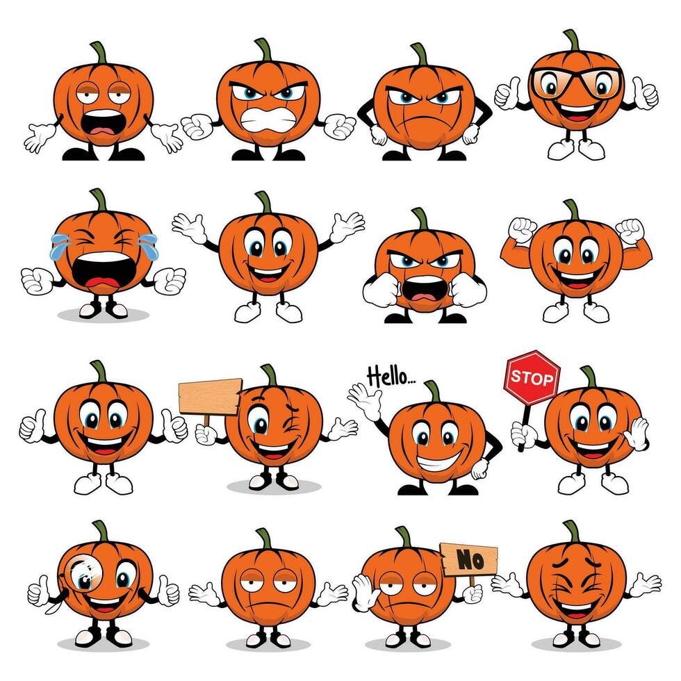 calabaza mascota con diferente emociones conjunto en dibujos animados estilo vector