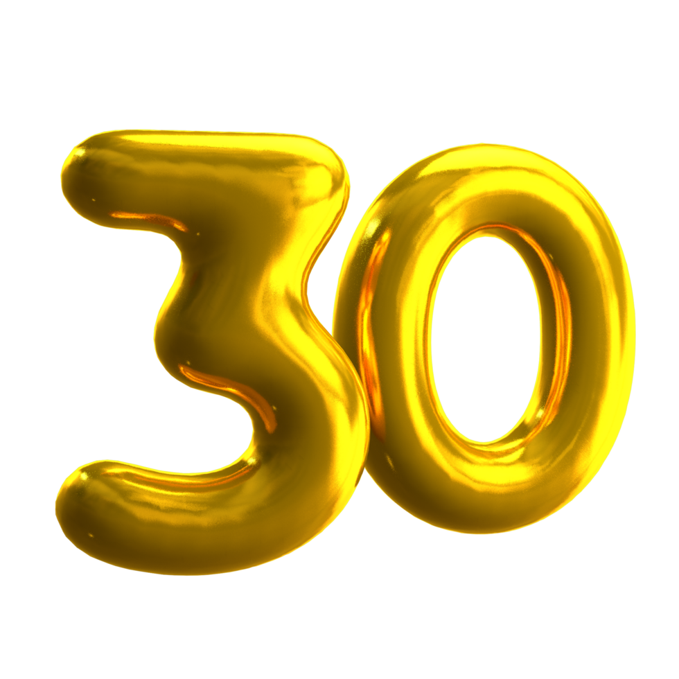 Number 30 3D render with gold material png