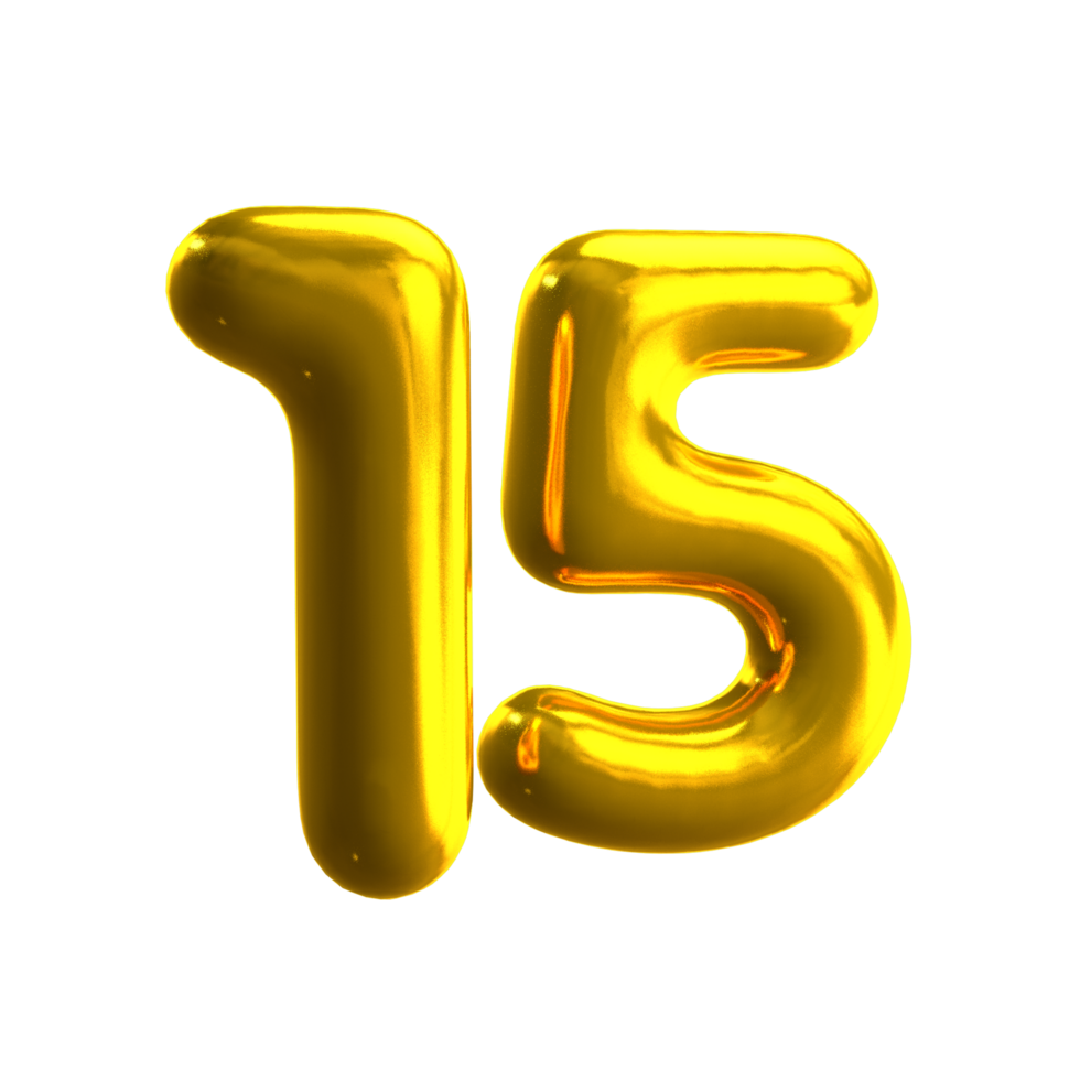 Number 15 3D render with gold material png