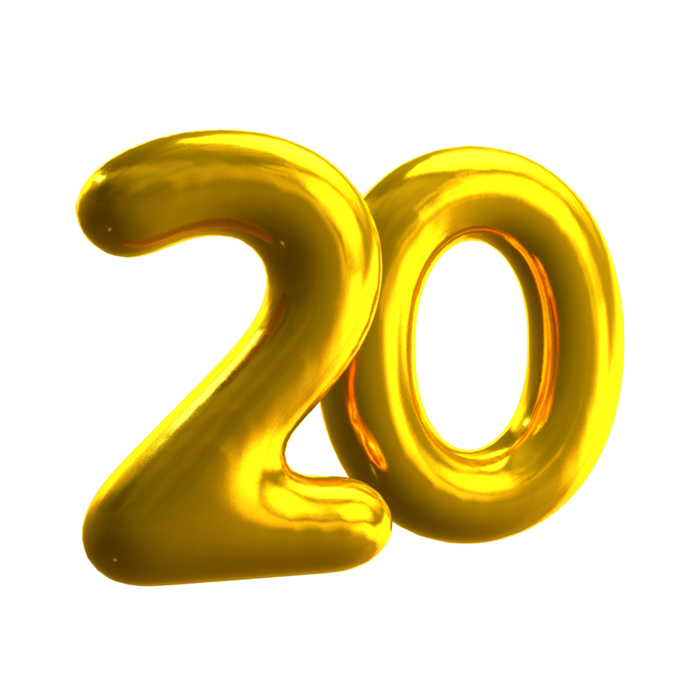 Number 20 3D render with gold material png