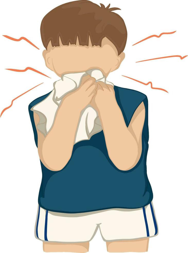 Drawing of a boy standing holding a cloth over his nose. Feeling sick and coughing are symptoms of a cold or bronchitis. Health concept vector illustration