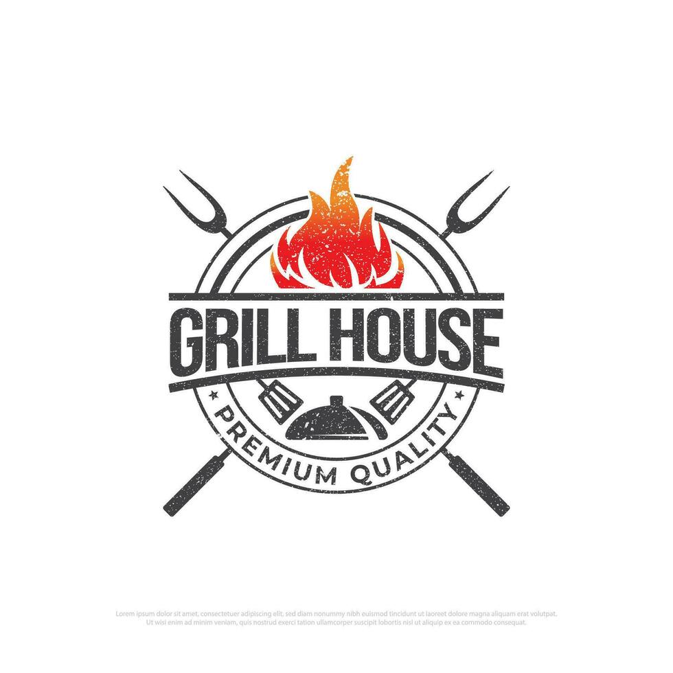 Grill house barbecue rustic logo design, retro BBQ vector, barbeque bar and restaurant icon, Red fire icon vector