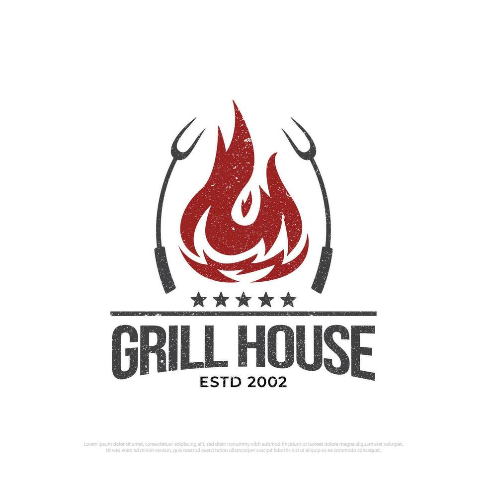 parrilla casa parilla logo diseño con grunge estilo, retro barbacoa vector, parrilla bar y restaurante icono, rojo fuego icono vector ilustración