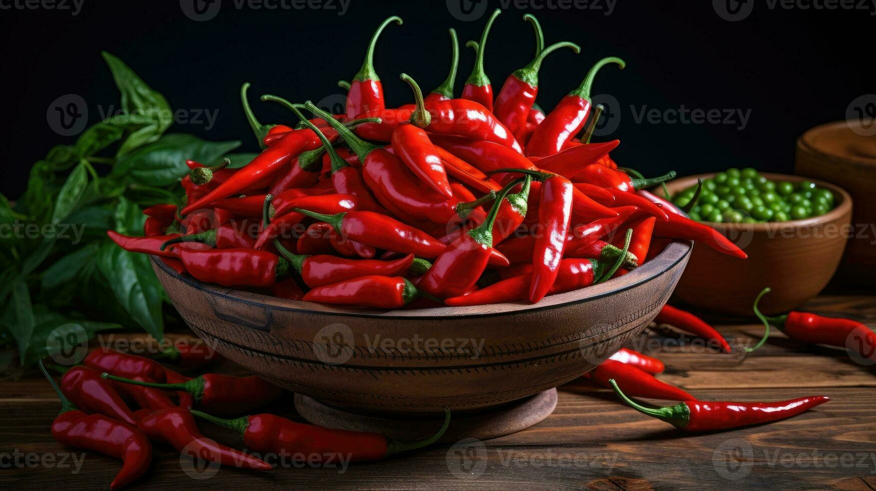 Red chili peppers in a bowl on the table. Generative AI photo