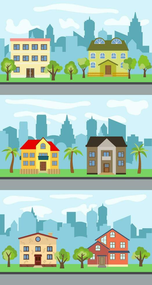 conjunto de tres ilustraciones vectoriales de la calle de la ciudad con casas de dibujos animados y árboles. paisaje urbano de verano. vista de la calle con paisaje urbano en un fondo vector