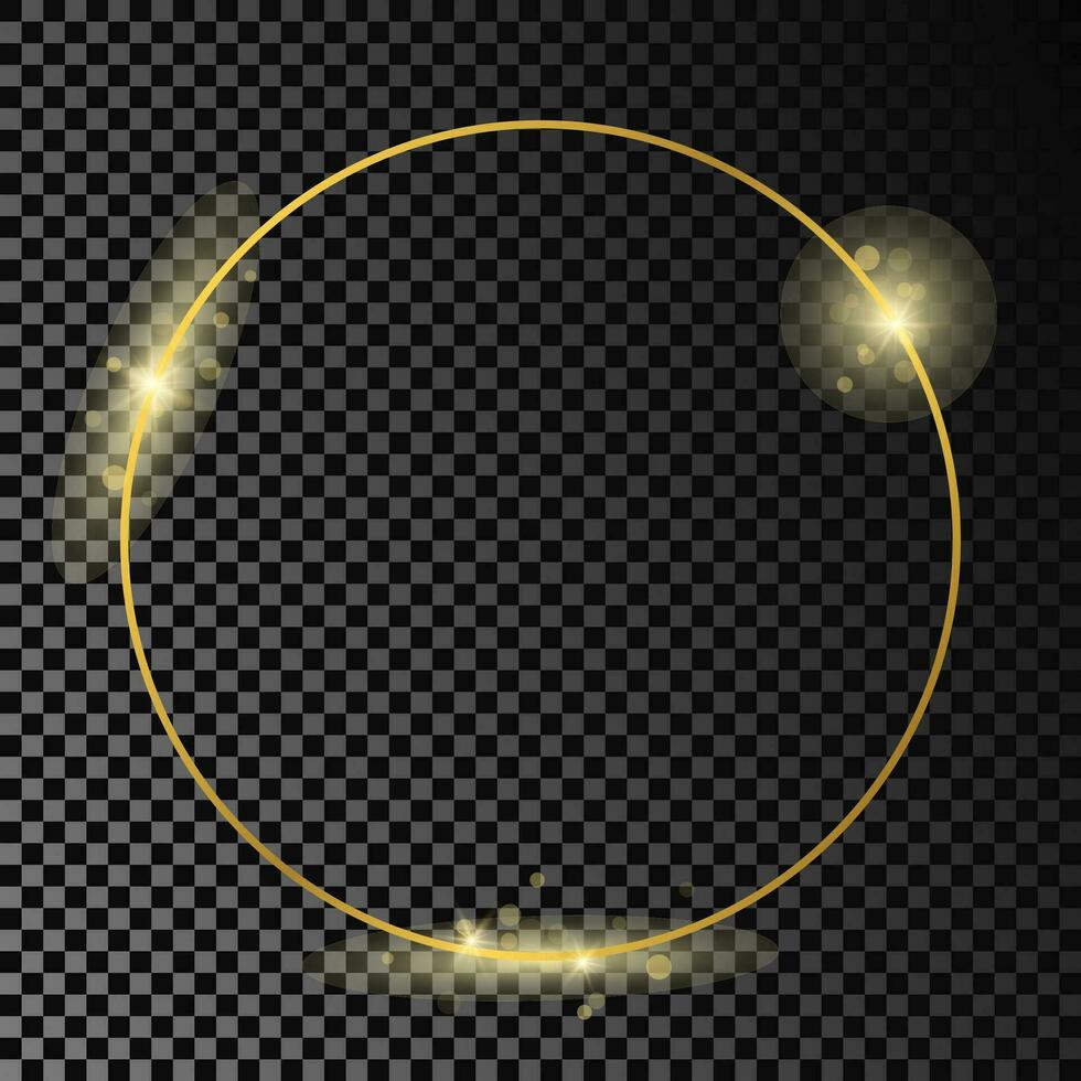 Gold glowing circle frame isolated on dark background. Shiny frame with glowing effects. Vector illustration.