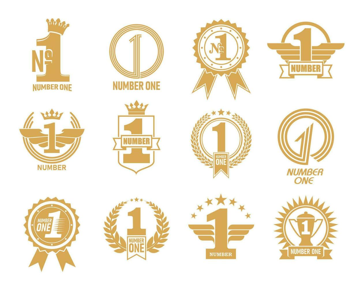 número uno iconos, primero sitio dorado corona emblemas vector