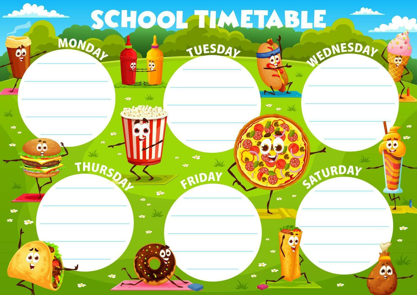 Education timetable schedule, fast food on yoga vector