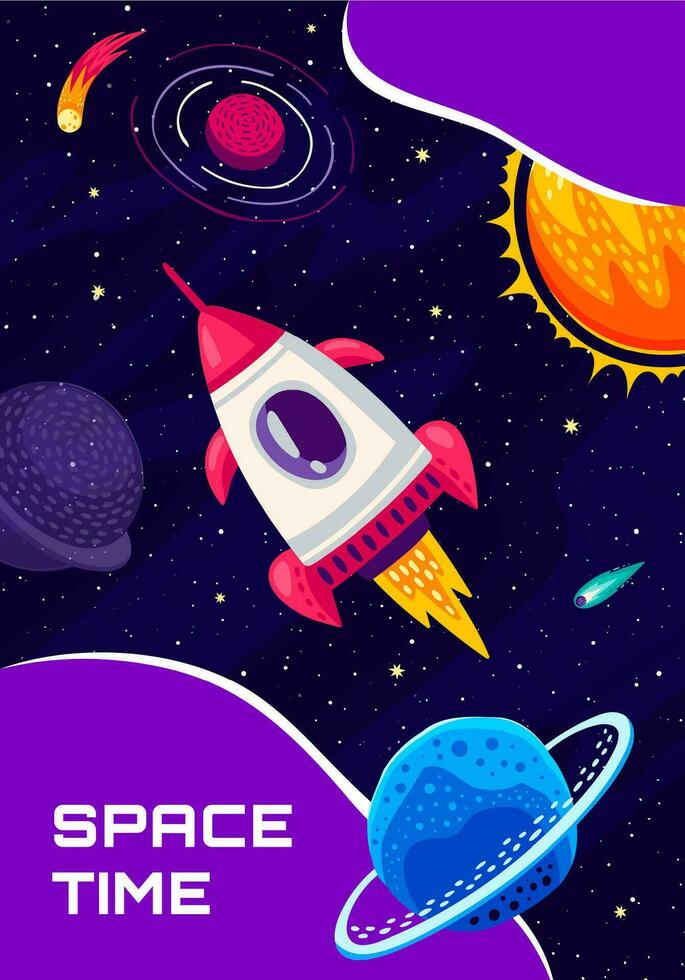Space travel banner, cartoon vector vertical card