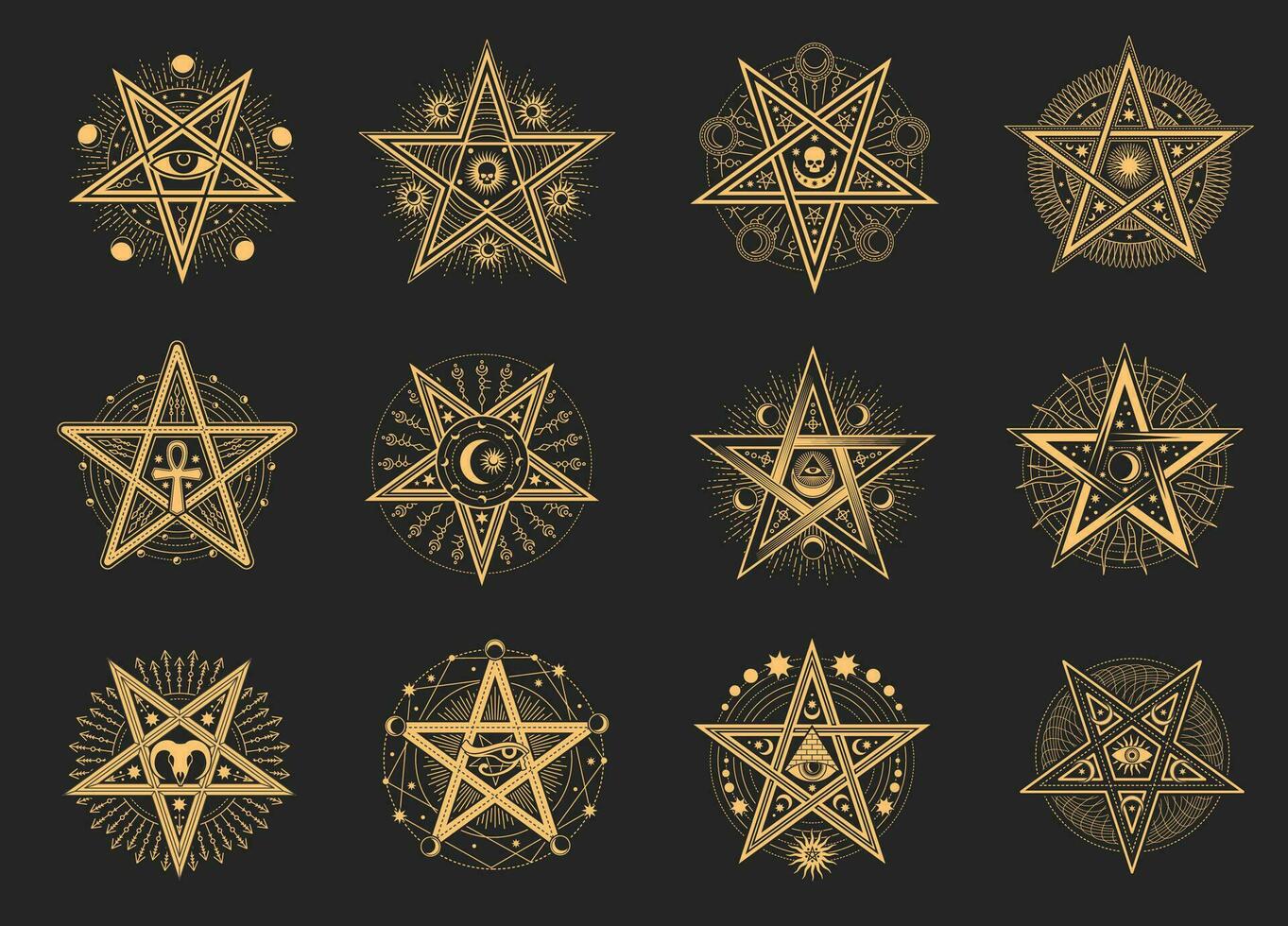 Esoteric occult pentagram, demon magic signs set vector