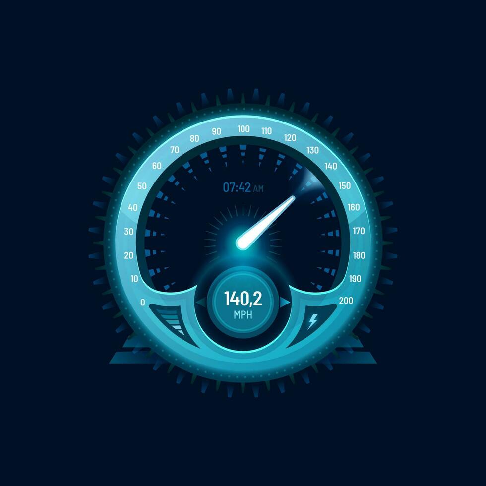 Speedometer neon dial, car speed gauge dashboard vector