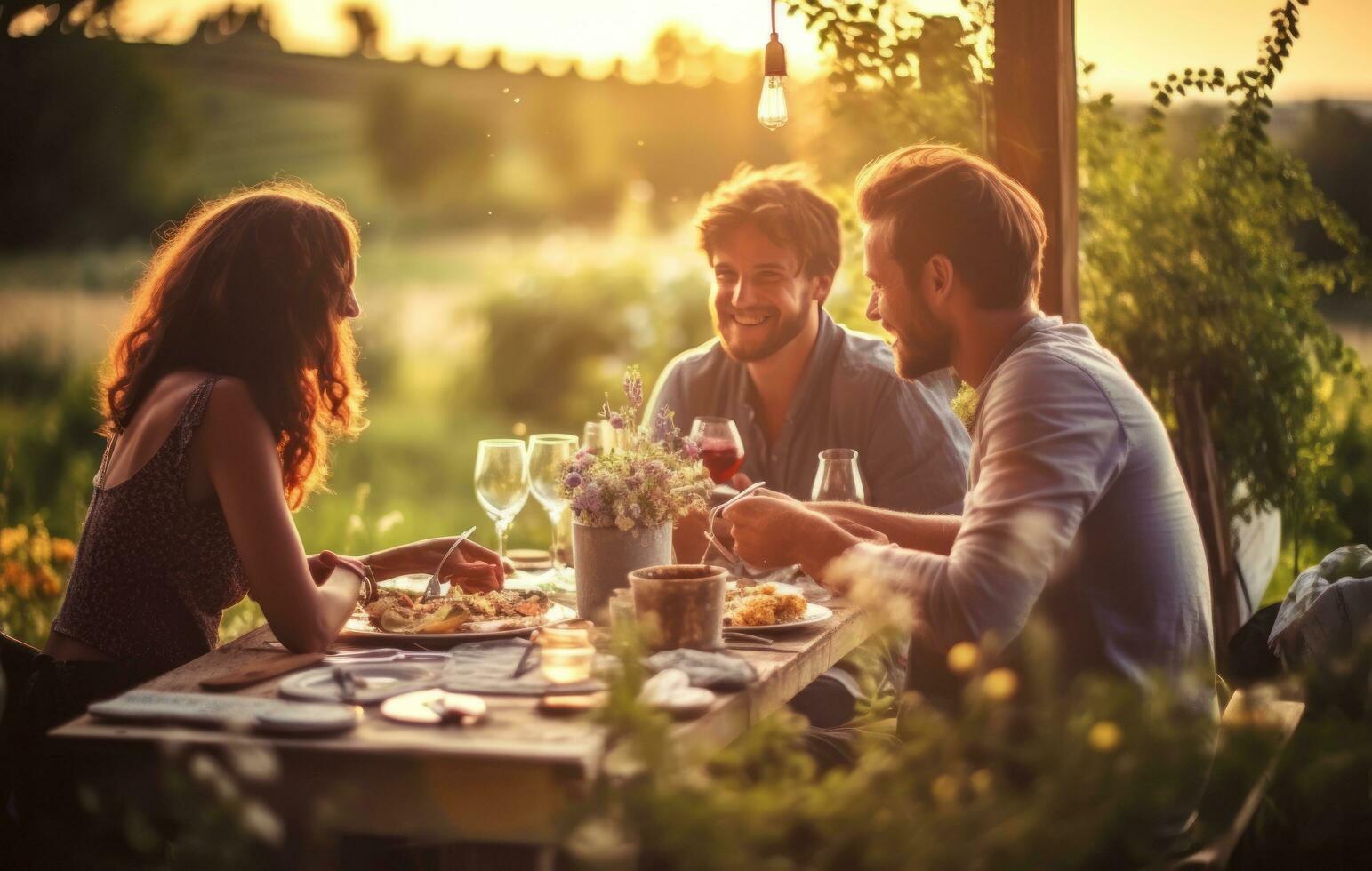 Friends having a dinner outdoors photo