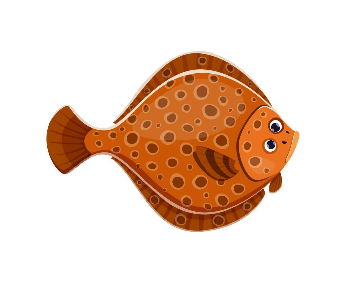 Cartoon flounder fish character, marine creature vector