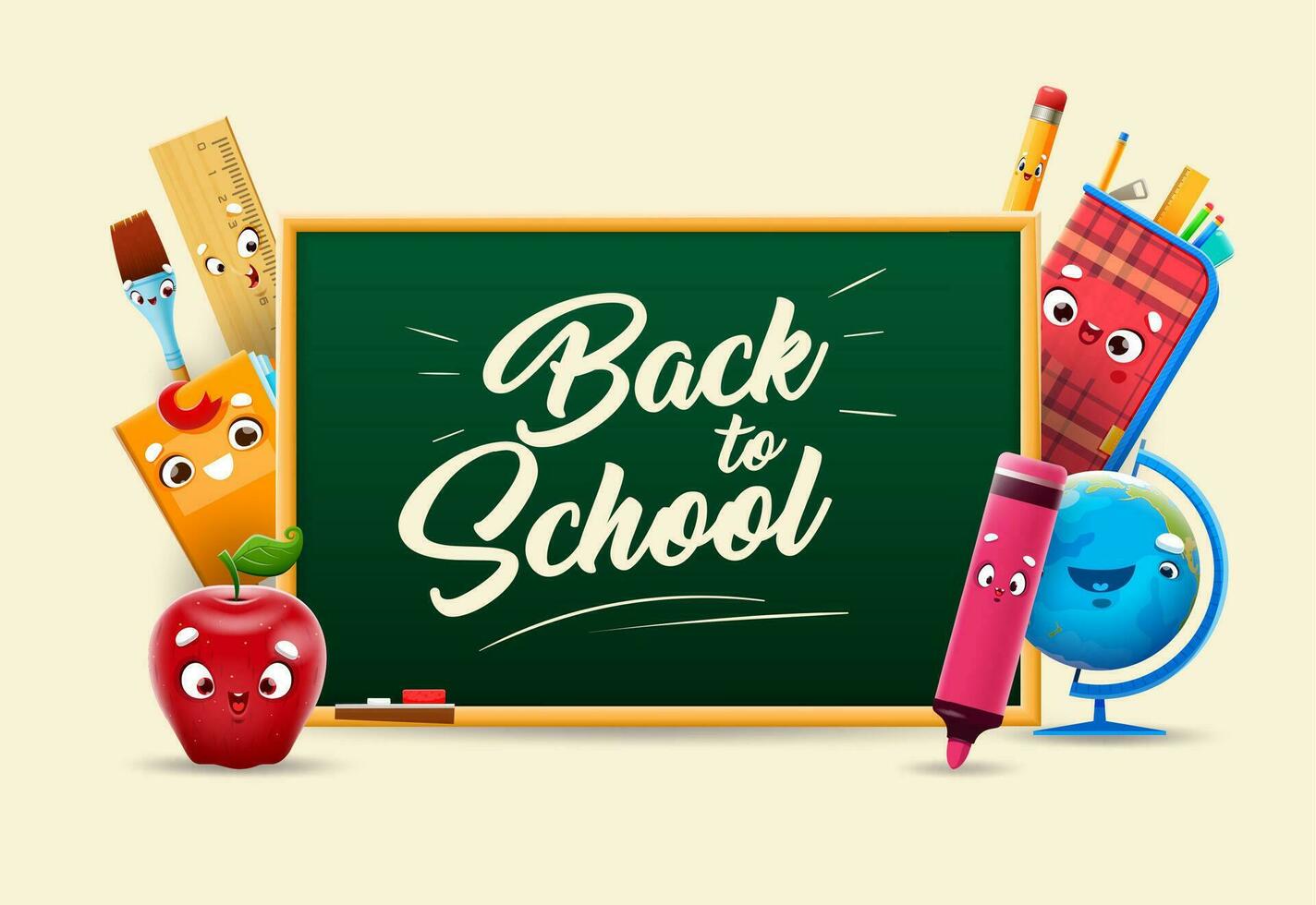 Cartoon school stationery characters, blackboard vector