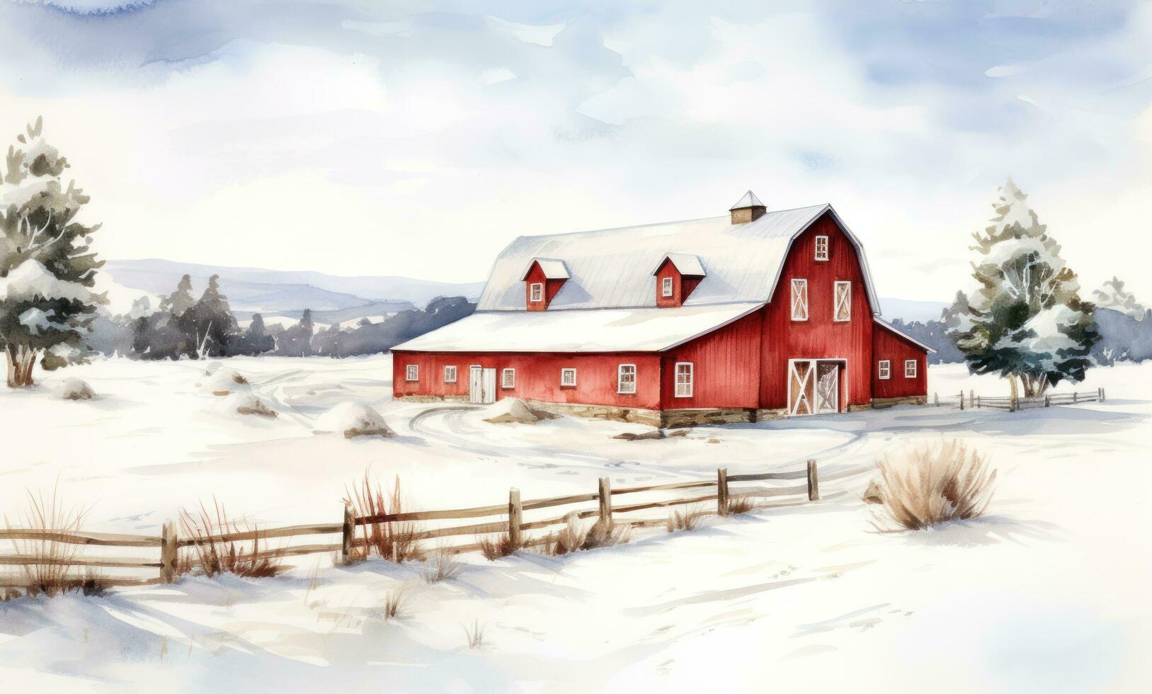 A watercolor illustration of a red farm house and pine trees photo