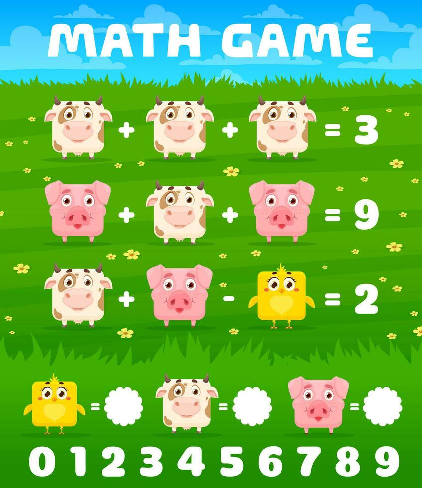 Cartoon square cow, pig and chicken math game vector