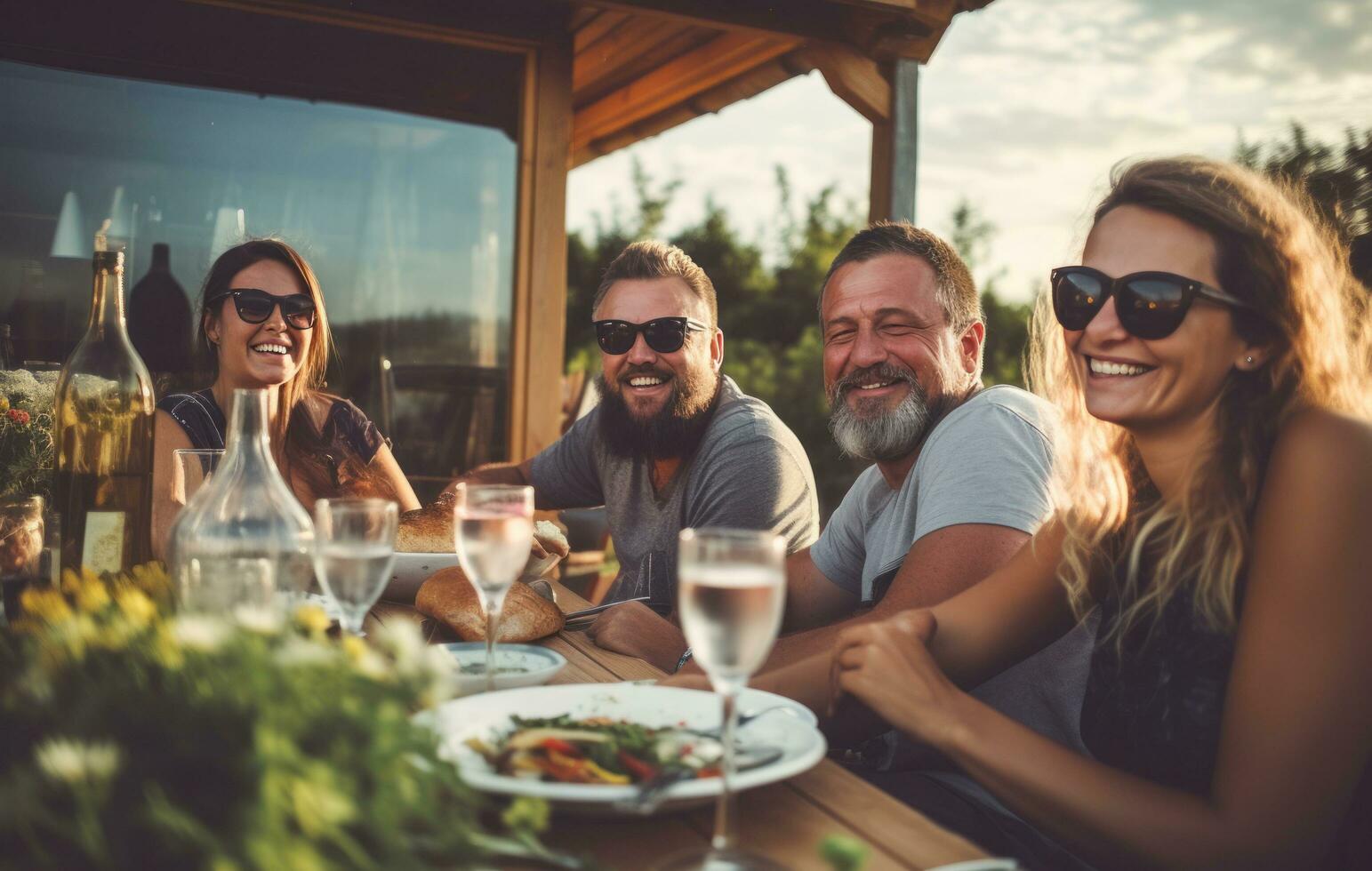 Friends having a dinner outdoors photo